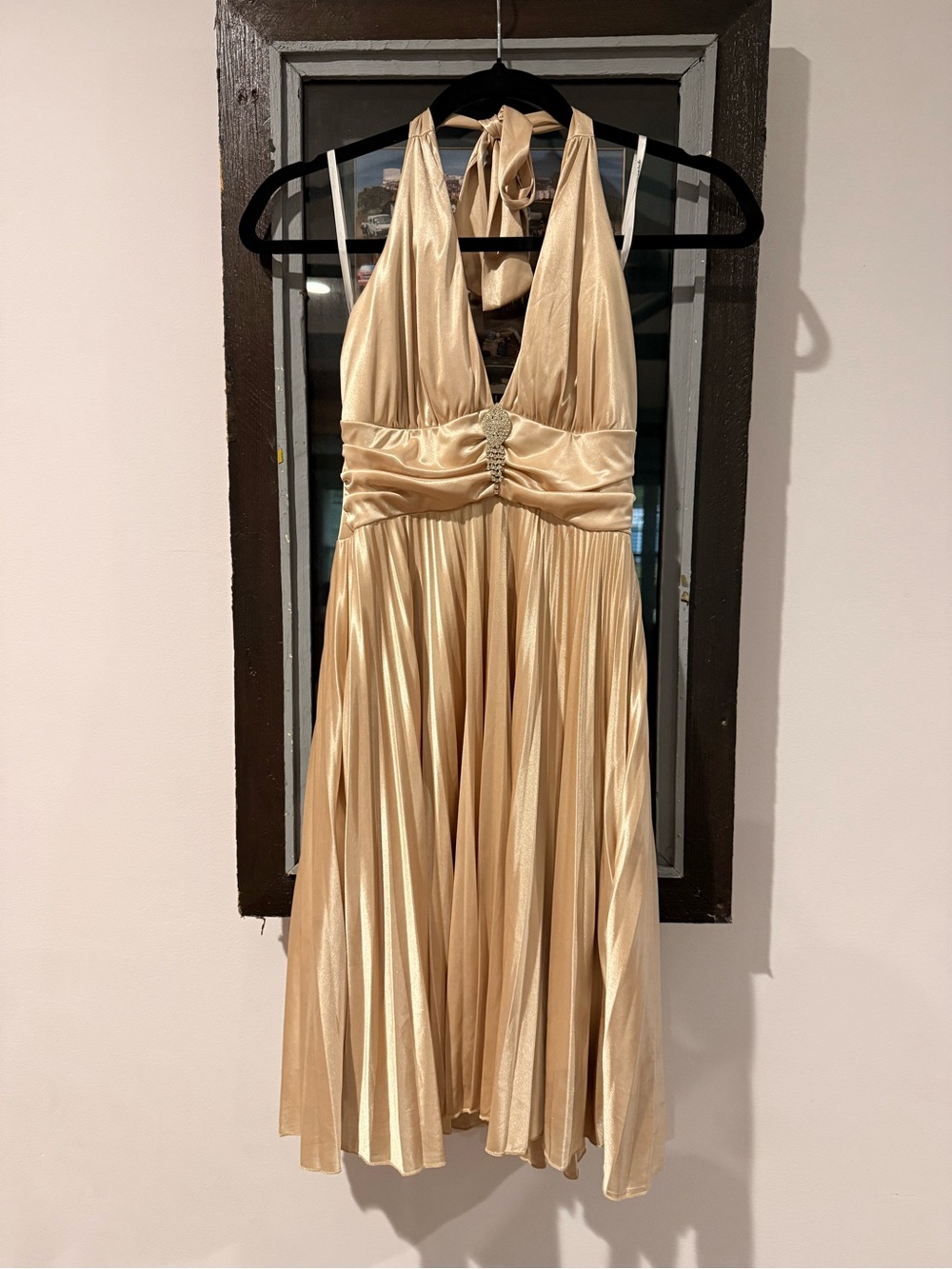 Champagne Halter Pleated Evening Dress